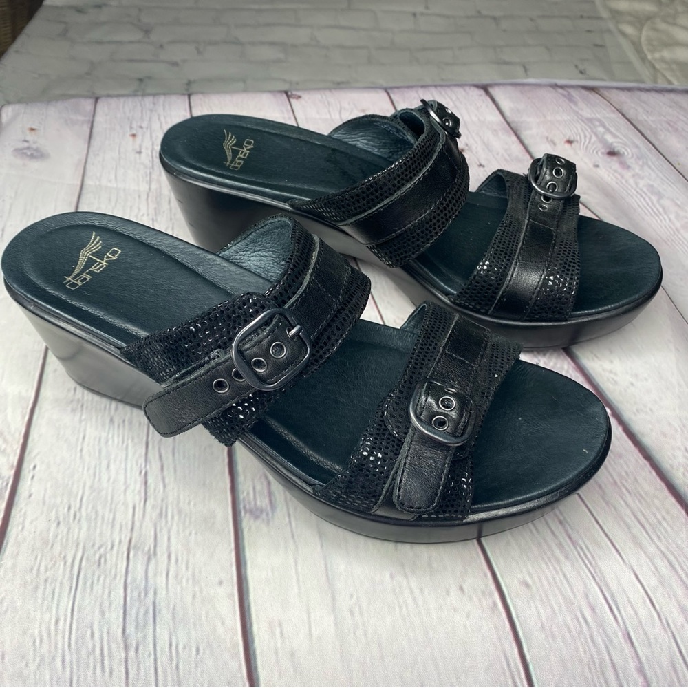 Dansko Jessie Black Lizard Print Slip On Double Strap Wedges EU 40 US 9.5-10